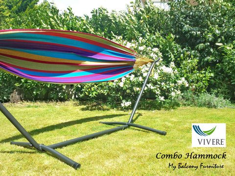 Combo -Tropical Double Cotton Hammock with Space Saving Steel Stand (9ft) - VIVERE