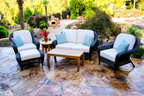 Sea Pines 6-Piece All Weather Wicker Deep Seating Loveseat Set with Jakarta Teak Rectangle Coffee Table- Tortuga Outdoor